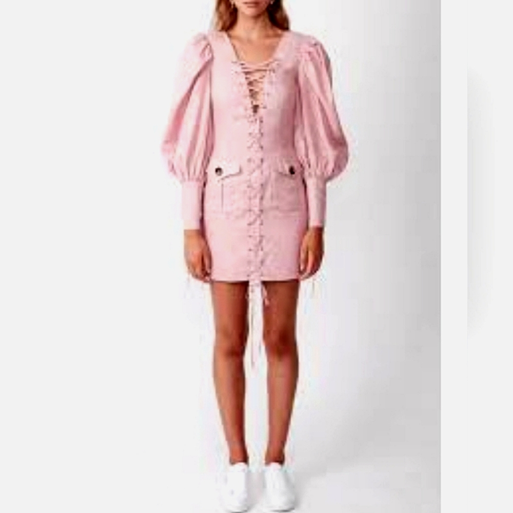 Nwot Louise James Pink Puffed Longsleeve Lace up Center Front V neckline Dress